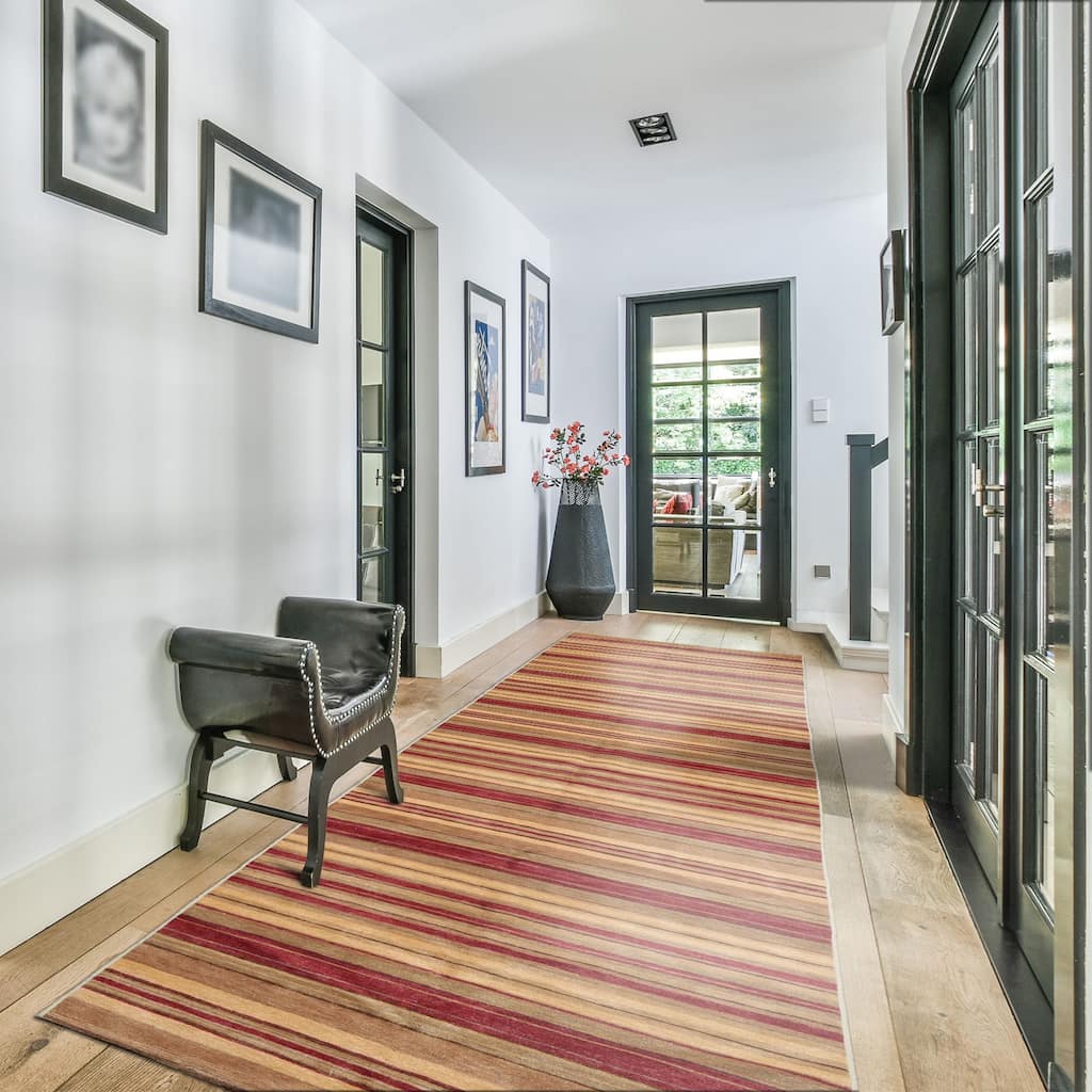 Multi Size Rust Hand Knotted Wool Runner Stripes Tibetan Area Rug