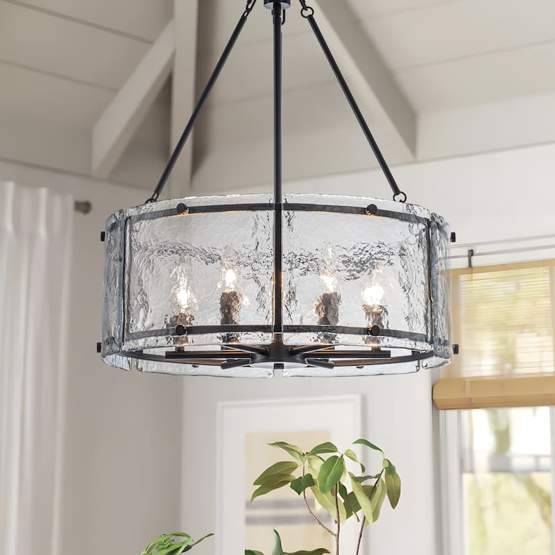 Starsky 6-Light Modern Drum Textured Glass Kitchen Island Chandelier - Black