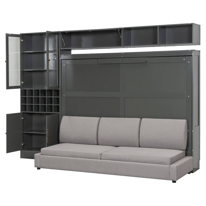 Full/Queen Size Murphy Bed Wall Bed with Sofa, Light and USB Charging, Foldable Murphy Cabinet Bed w/ Storage Shelves & Cabinets