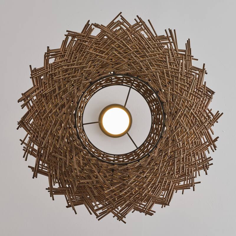 20-inch 1-Light Modern Natural Brown Hand-Woven Rattan Hanging Dining Room Chandelier - 18.89" W x 12.99" H