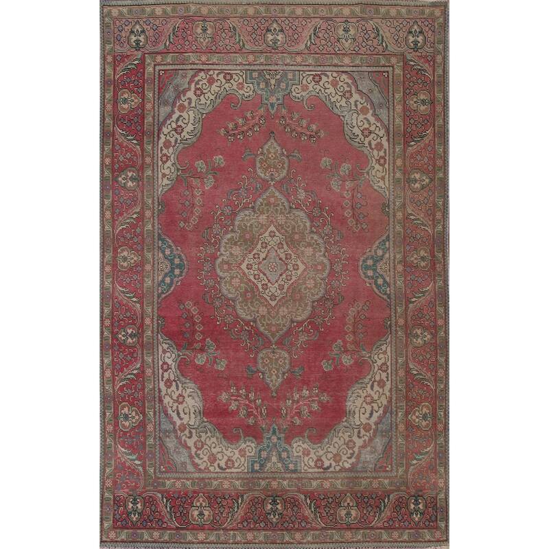 Hand Knotted Oriental 100% Wool Carpet Traditional Medallion Pink Tabriz Area Rug - 9' 6'' X 6' 3''