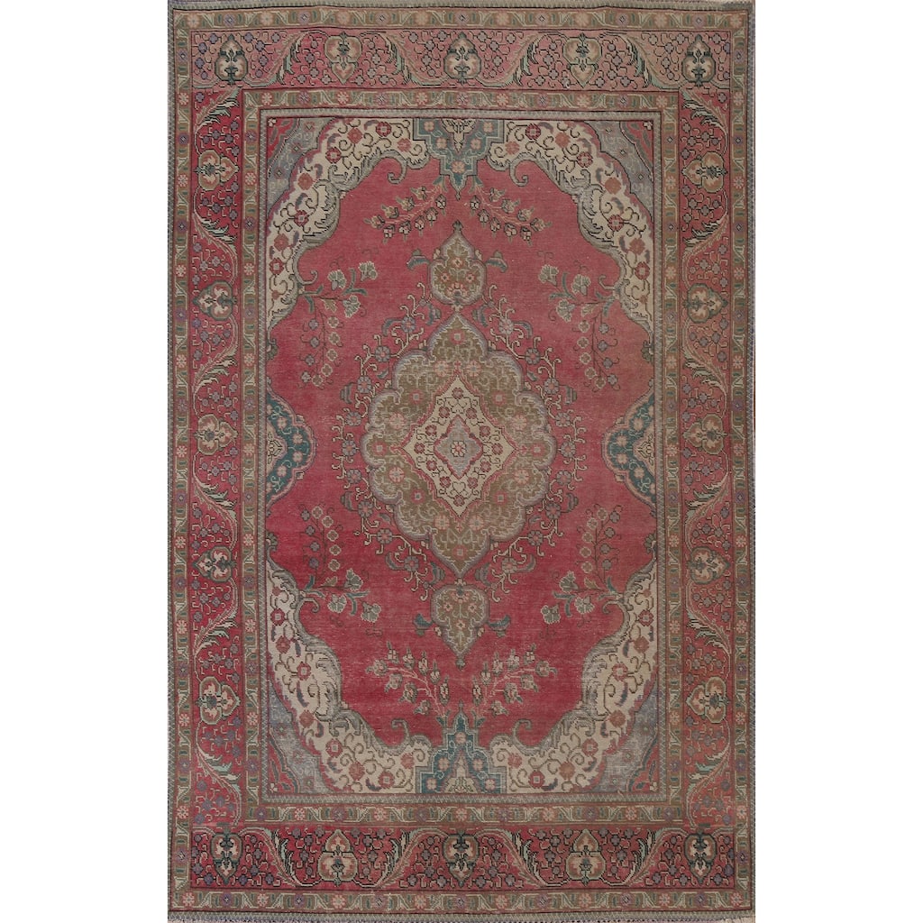 Hand Knotted Oriental 100% Wool Carpet Traditional Medallion Pink Tabriz Area Rug - 9' 6'' X 6' 3''
