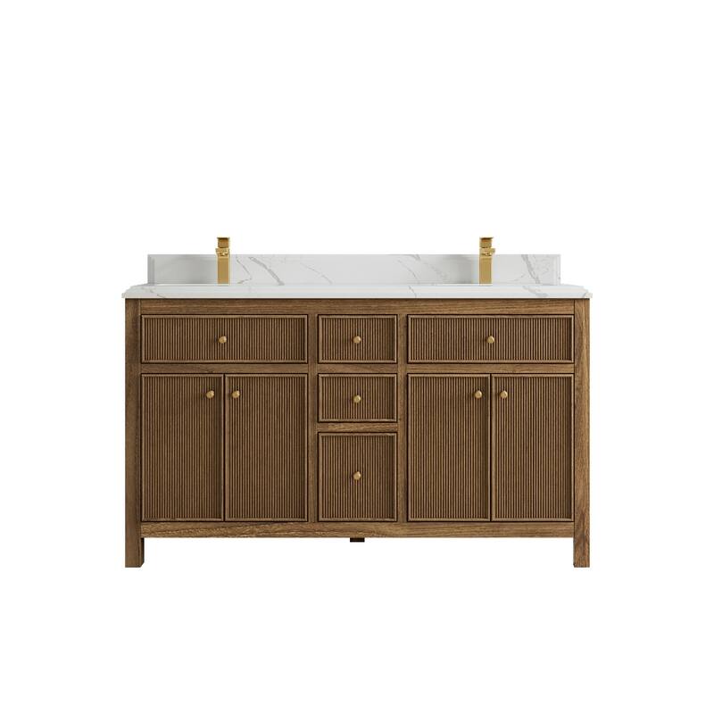 Willow Collections 60 in. W x 22 in. D Sonoma Teak Double Sink Bathroom Vanity with Countertop - 1.5" Calacatta Laza - Dark Natural