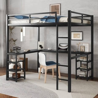 Full Size Metal Loft Bed with Built-in Desk and Shelves, Multifunctional Loft Bed Frame with Ladder and Guardrails
