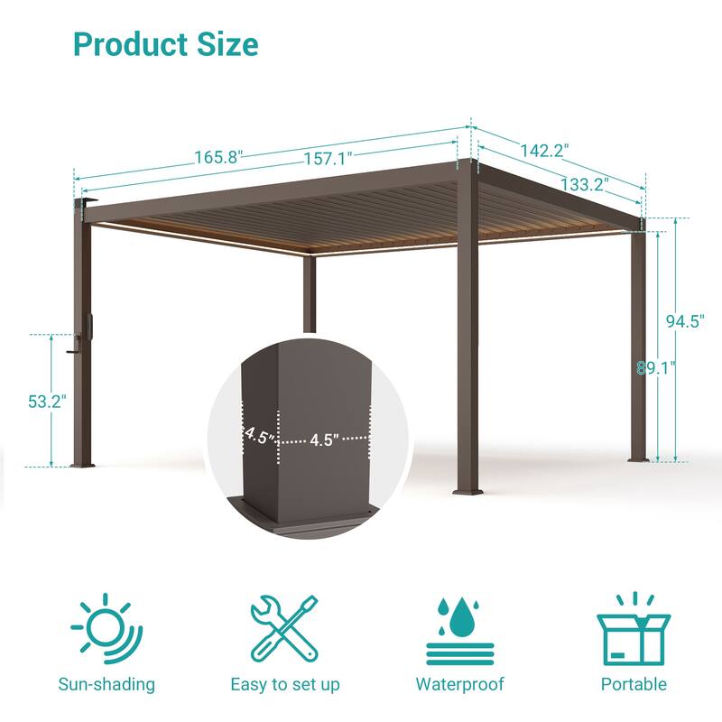 BONOSUKI Outdoor Aluminized Steel LED Louvered Pergola with Adjustable Roof, Brown