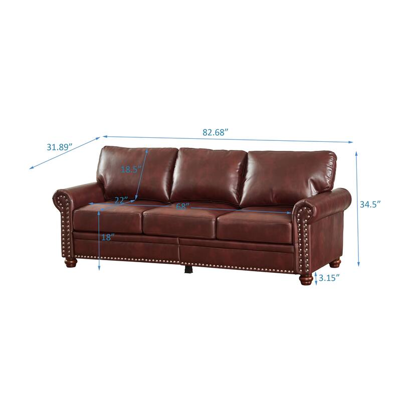 3-Seat Classic Sofa - Faux Leather with Nail Trim and Storage Boxes
