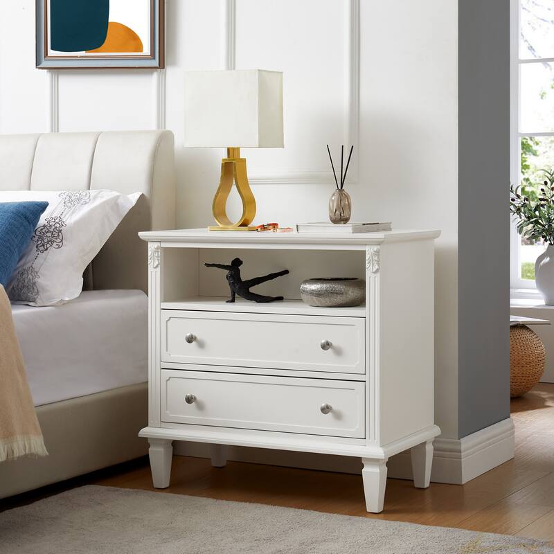 Farmhouse 2-Drawer Dresser Nightstand with Charging Station, USB Ports, Open Shelf & Solid Wood Legs - White