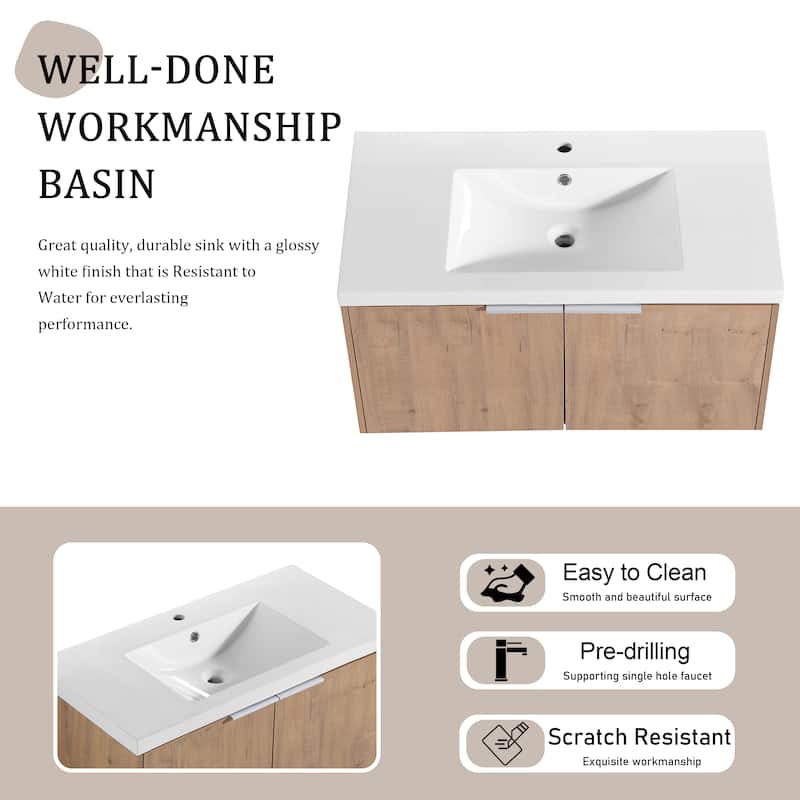 BNK 24"/30"/36" Single Sink Bathroom Vanity with Soft Close Door, Modern Floating Vanity