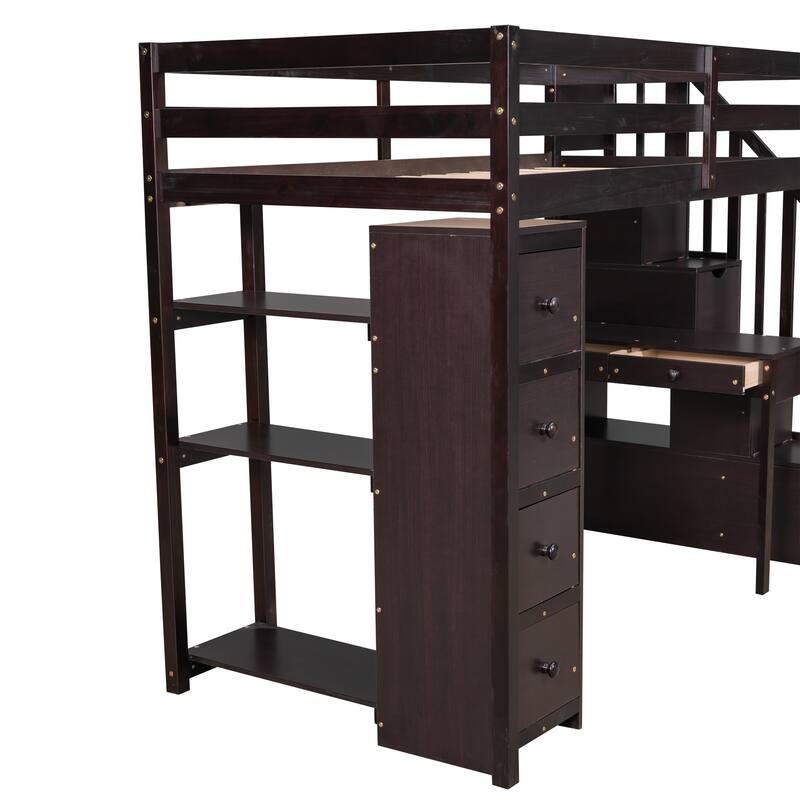 Twin Size Loft Bed with Storage, Desk, Stairs, and Shelves in Espresso Finish