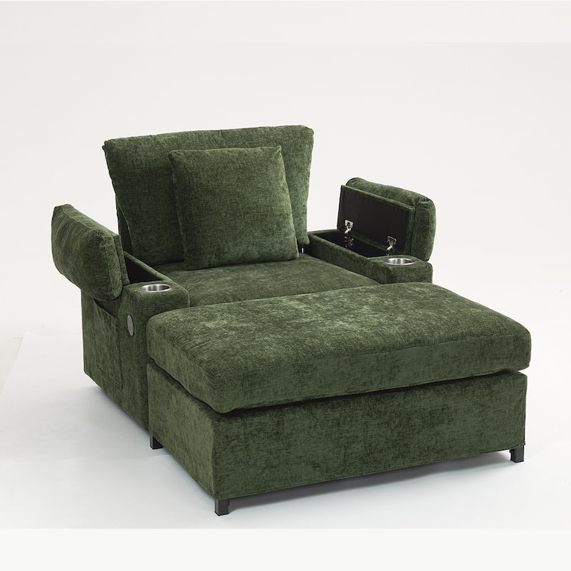 Chenille Oversized Chair with Ottoman and USB Charging Ports
