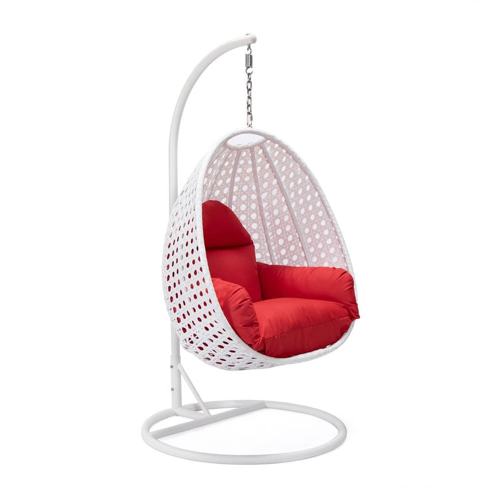 Patio Hanging Egg Swing Chair with White Wicker Shell and Iron Frame for Indoor Outdoor Patio Porch Garden Backyard