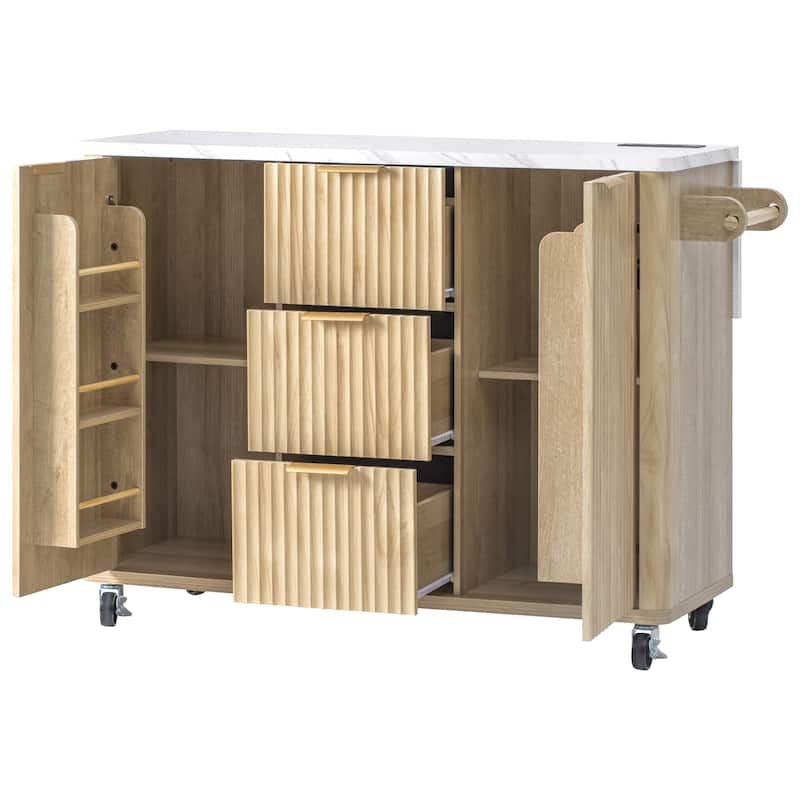 55.5" Fluted Kitchen Island with Drop Leaf and Storage Features Power Outlet and Adjustable Shelves
