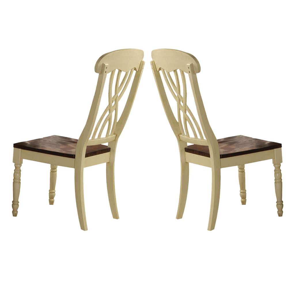 Wooden Side Chair with Overlapped Design Back and Scoop Seat, White and Brown, Set of Two