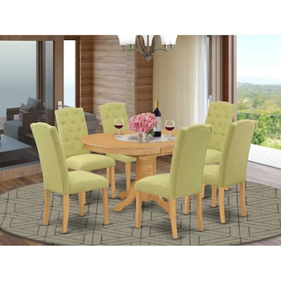 HomeStock 7-Pc Oval Natural Oak Finish Solid Wood Top Dining Table with 6 Parson-Chairs with Butterfly Leaf