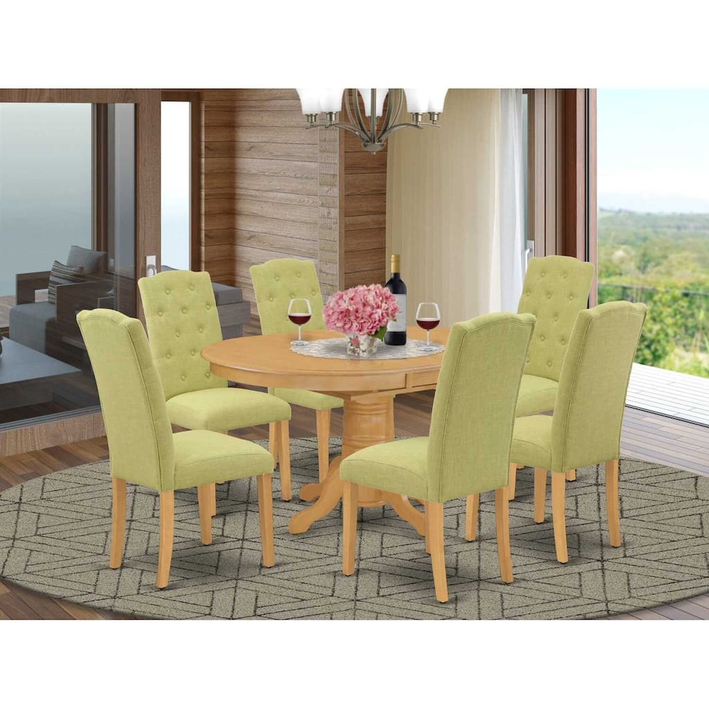 HomeStock 7-Pc Oval Natural Oak Finish Solid Wood Top Dining Table with 6 Parson-Chairs with Butterfly Leaf