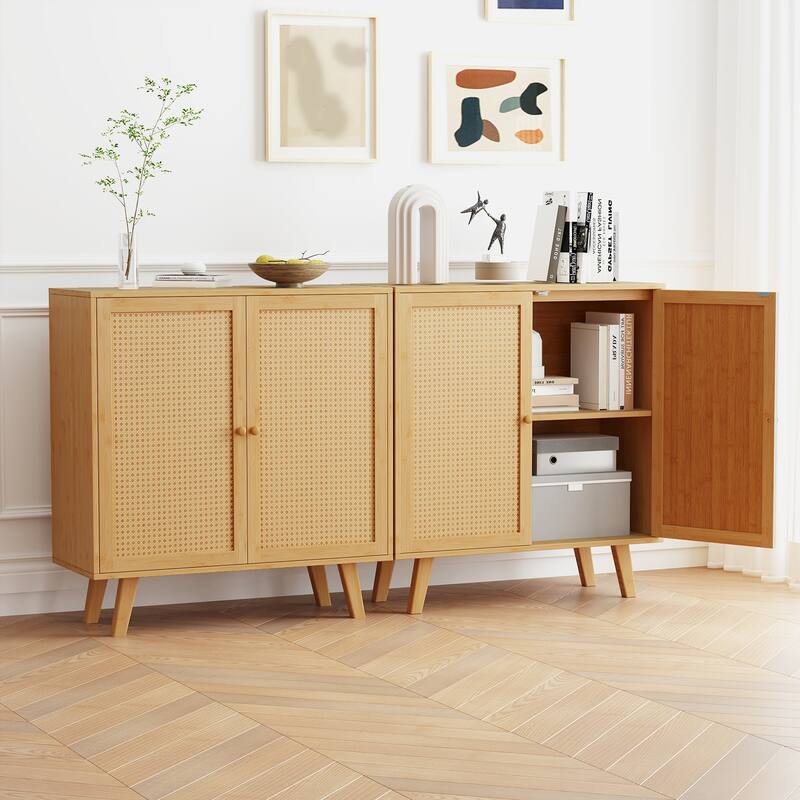 Natural Wicker Buffet Storage Cabinet with Rattan Doors, 2-Door Buffet and Non-Slip Pads - 31.5" L x 13.5" W x 33.5" H