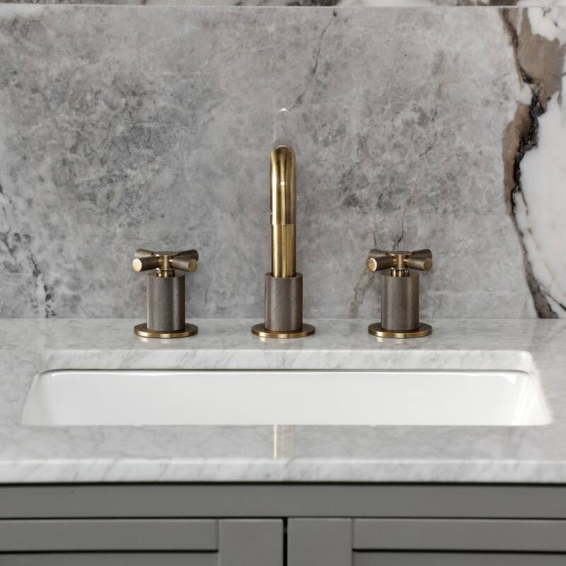 Kingston Brass Convergent Two-Handle 3-Hole Deck Mount Widespread Bathroom Faucet with Push Pop-Up Drain
