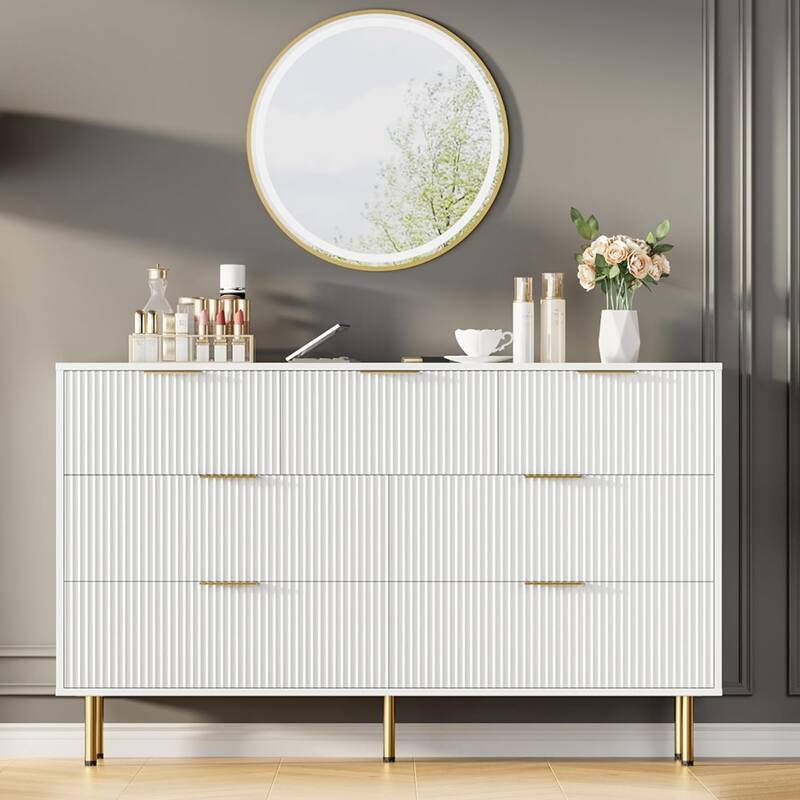 7 Drawer Dresser for Bedroom, Fluted Chest with Gold Handle, Wood Organizer for Closet, Living Room, Hallway - White