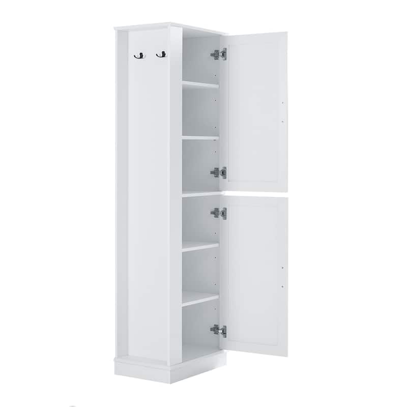 Freestanding Cabinet Tall Bathroom Storage Cabinet with Left or Right Hook, Adjustable Shelves and Anti-toppling Device