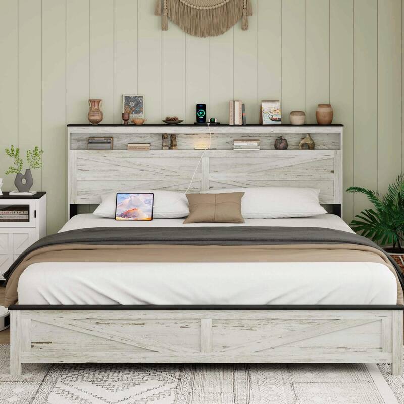 ​White Platform Bed - Hidden Storage & USB Ports