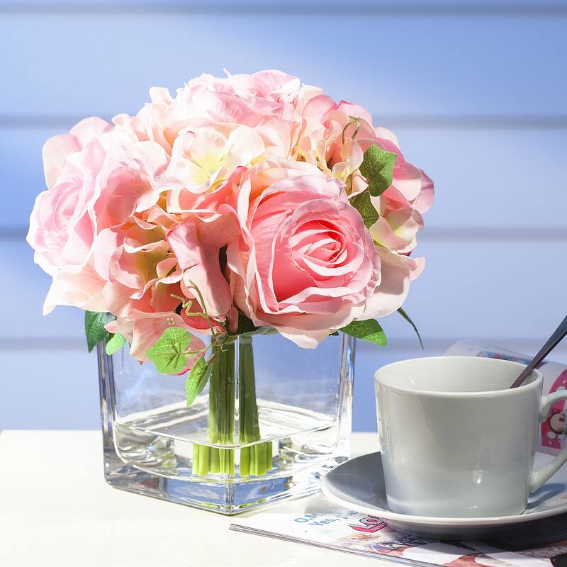 Enova Home Artificial Silk Hydrangea and Fake Roses Flowers Arrangement in Cube Glass Vase with Faux Water for Home Decoration