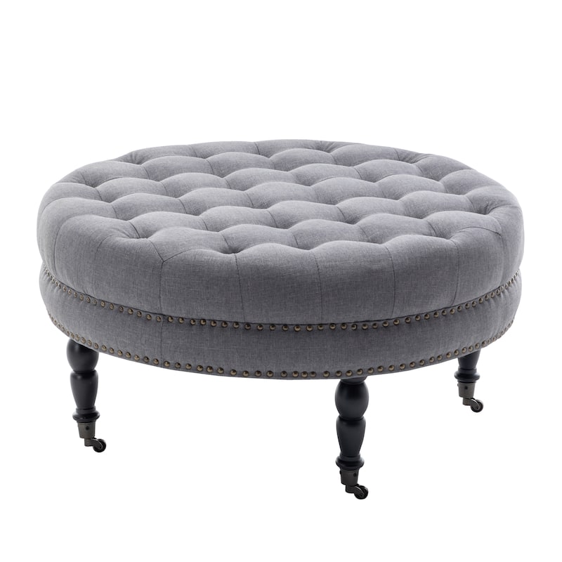 Porthos Home Indy Fabric Round Cocktail Ottoman with Rubberwood Legs and Wheels - Dark Grey