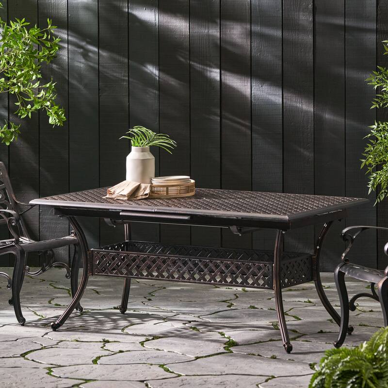 Roomfitters Expandable Cast Aluminum Outdoor Dining Table with Lattice Top and Umbrella Hole, Bronze