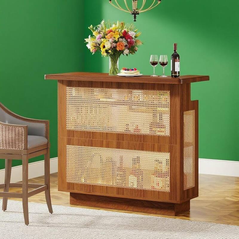 Brown Woven Rattan Bar Cabinet with Wine Rack and Stemware Storage for Home Entertaining - 47.2" W X 21.6" D X 43.3" H