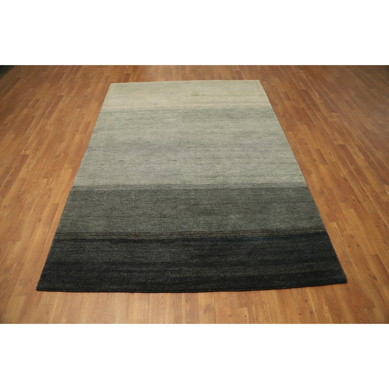 Hand Knotted Oriental 100% Wool Carpet Modern Stripe Green Gabbeh Area Rug - 7' 11'' X 7' 5''