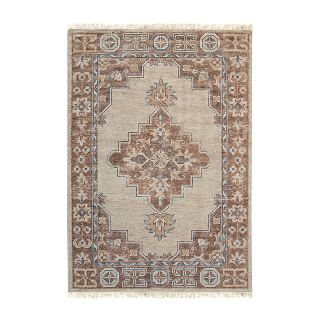Beige Hand Knotted Wool Rug, 8' x 10, Plush Cozy Floor Rug - L