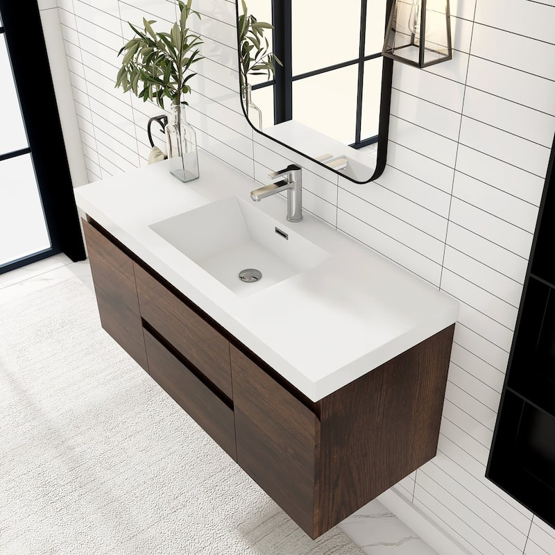 MDF Wall-Mounted Bathroom Vanity Set in Rose Wood with Integrated Culture Marble Sink