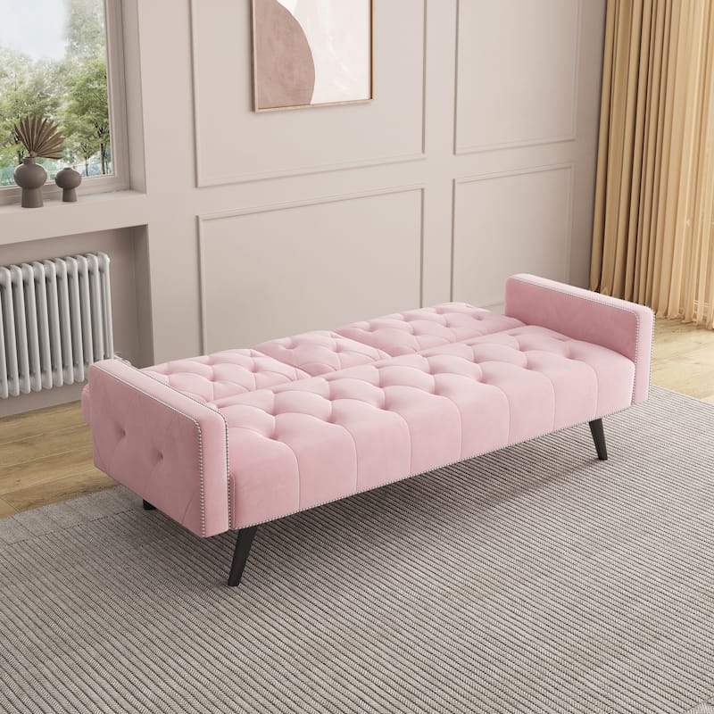 1730 Sofa Bed Armrest with Nail Head Trim with Two Cup Holders 72" Pink Velvet Sofa for Small Spaces