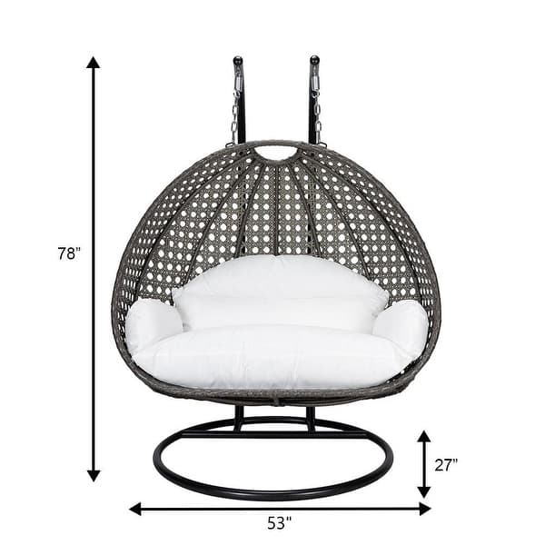 dimension image slide 11 of 16, LeisureMod 2-Person Double Egg Swing Chair - Charcoal Wicker with Metal Stand & Plush Cushions - Modern Outdoor Patio Lounger