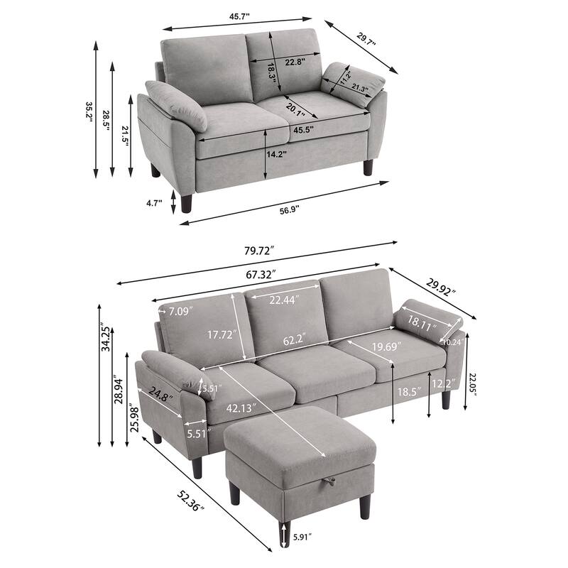 3-Piece Living Room Sectional Sofa Set with Loveseat and Ottoman