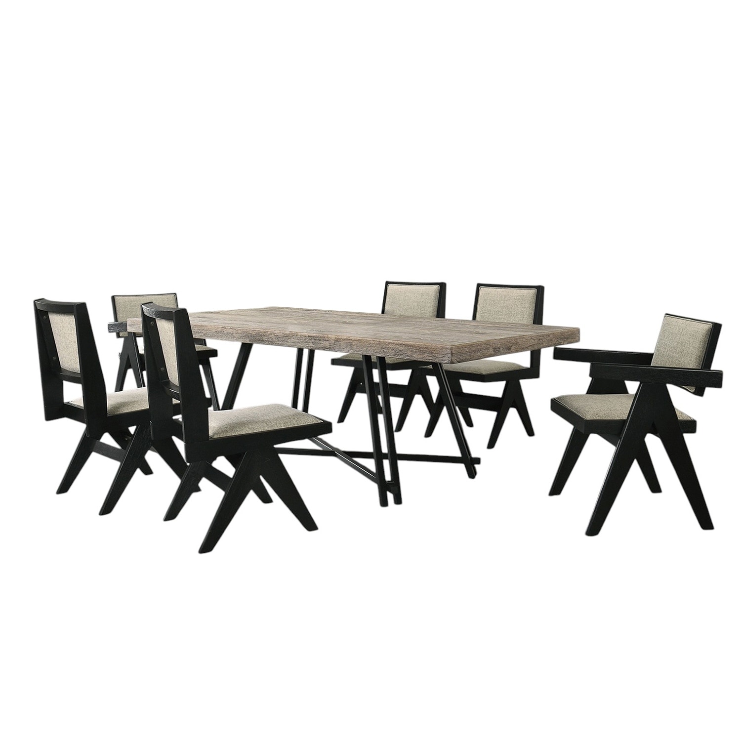 7 Piece Rectangular Wooden Dining Set in Black and Light Gray