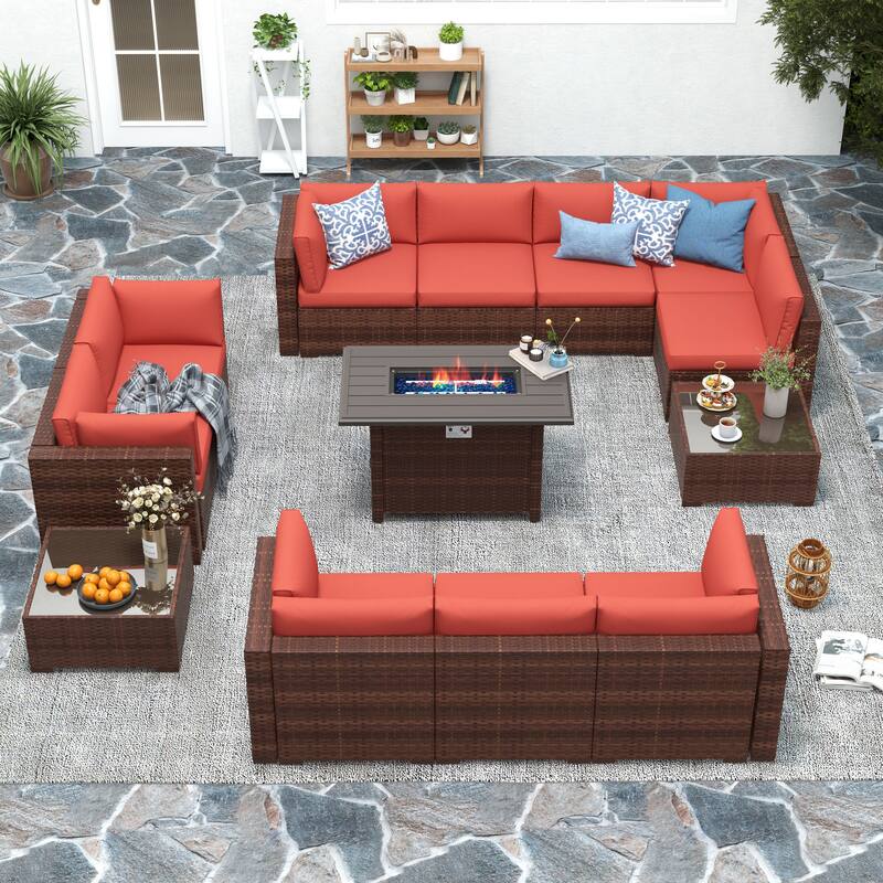 13 Piece Wicker Set Patio Sofa Furniture with Fire Pit And Table - Brown/Red