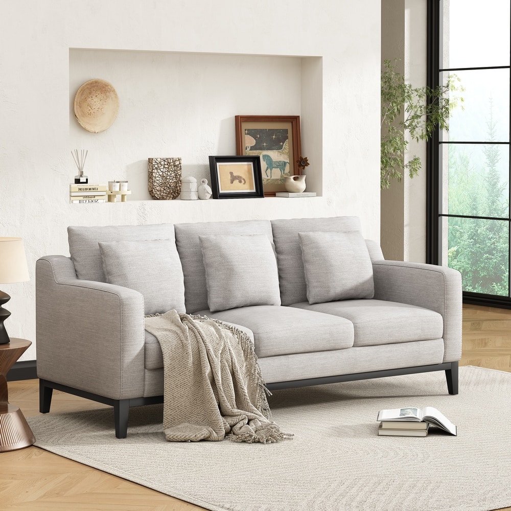 3 Seat Fabric Sofa, Couch Upholstered Leisure Couches with Deep Seats, Modern Square Arms Sofa with Wooden Legs