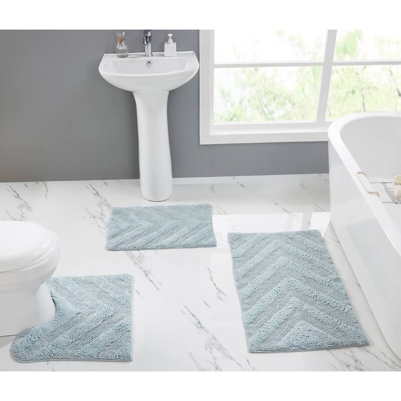Better Trends Hugo Collection 100% Cotton Tufted Bath Rugs with Chevron Patterns, High Absorbency, Anti-Skid, Easy to Clean - 3 Piece Set (17" x 24" | 20" x 20" | 21" x 34") - Blue