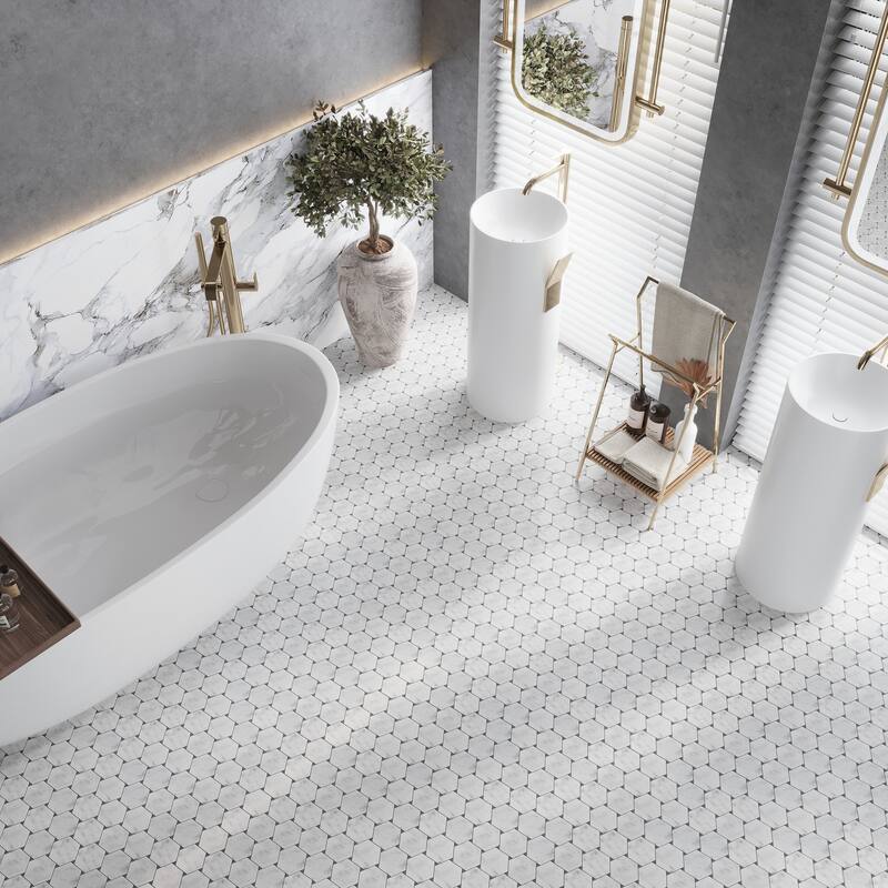 Apollo tile 11 x 12 Athens Polished Cotton White Bianco Carrara, Bardiglio Marble Tile (4.73 sq ft/case) - 5 Pack