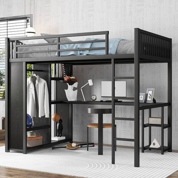 slide 2 of 11, Black Full XL Loft Bed with Desk, Wardrobe, and Storage Shelves, Space-Saving Design Black - Full