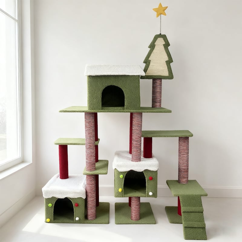 Wide Christmas Cat Tree Tower for Indoor Cats - Red - Red