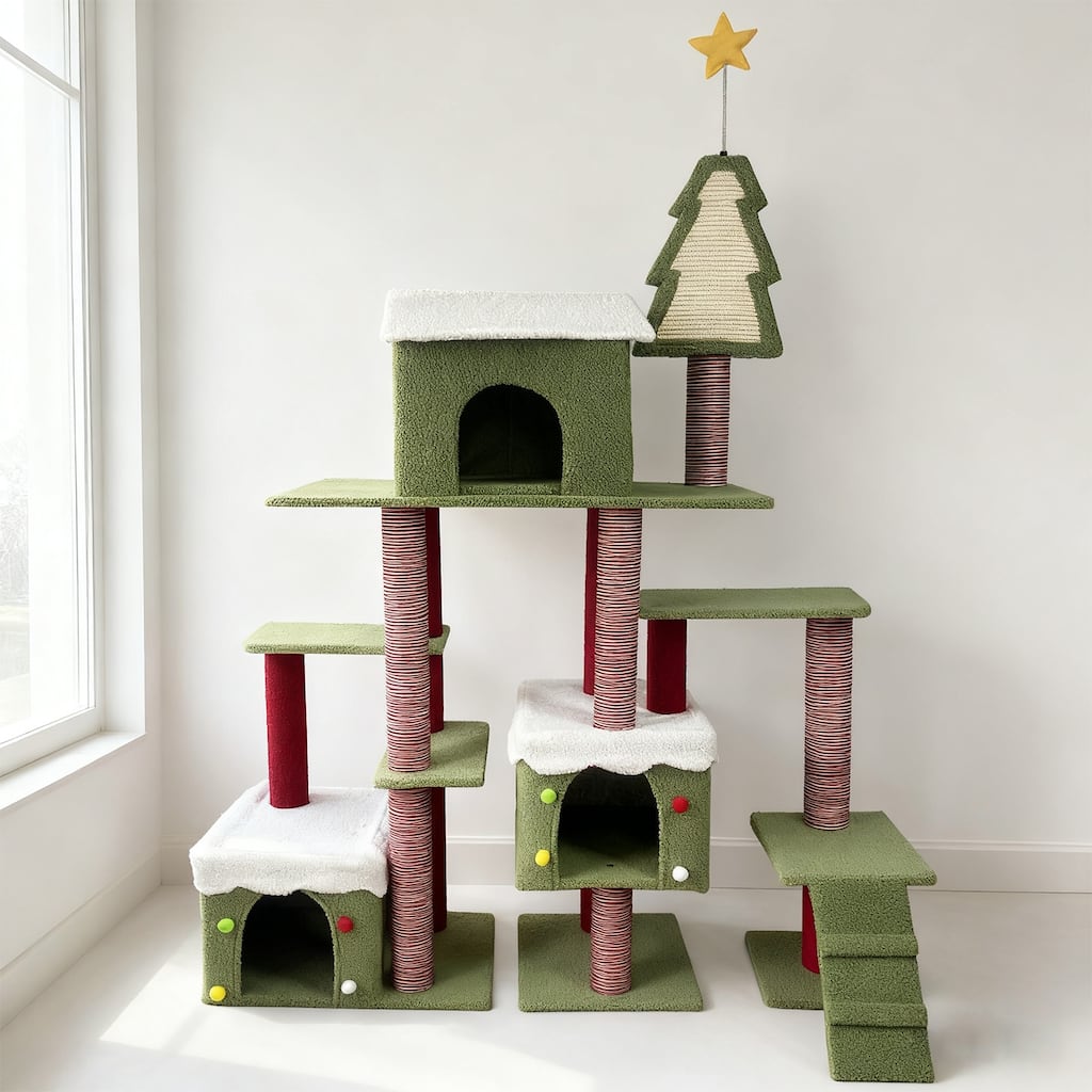 Wide Christmas Cat Tree Tower for Indoor Cats - Red