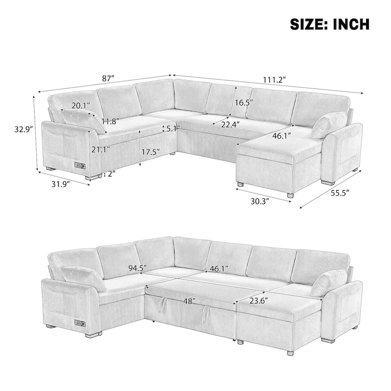 111.2" U-shaped Sofa with Reversible Chaise and Convertible Sofa Bed