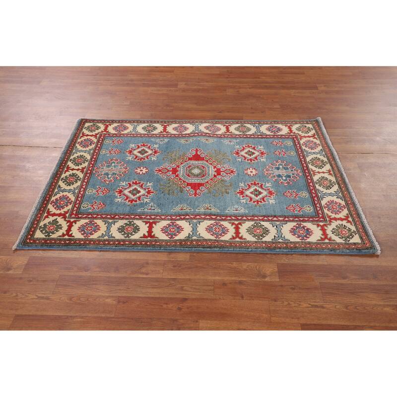 Blue Geometric Kazak Foyer Rug Hand-Knotted Oriental Wool Carpet - 3'4" x 4'11"