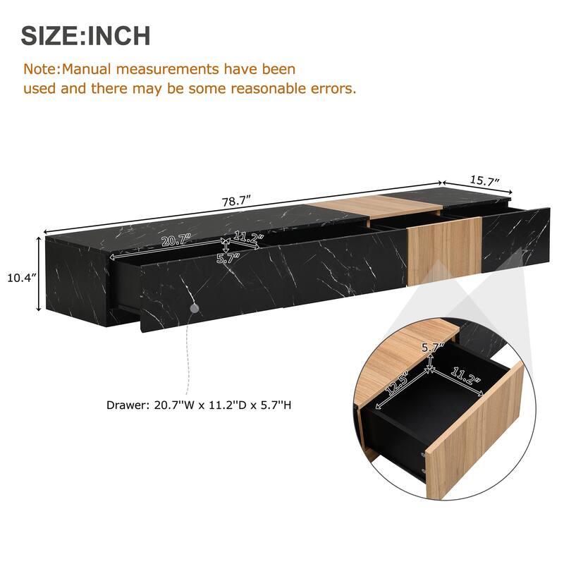 Modern TV Stand, for TVs Up to 88'' with Faux Marble and Walnut Wood Grain, 4 Storage Drawers, for Living Rooms, Black