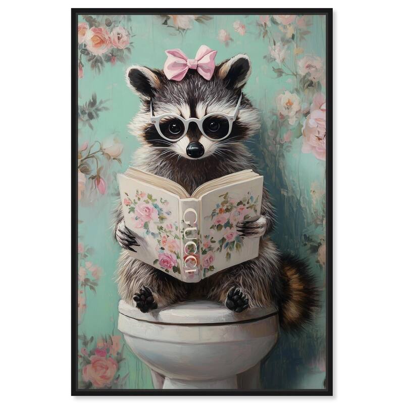 Petite Floral Toilet Raccoon Canvas by Art Remedy - Black - 36" x 54"