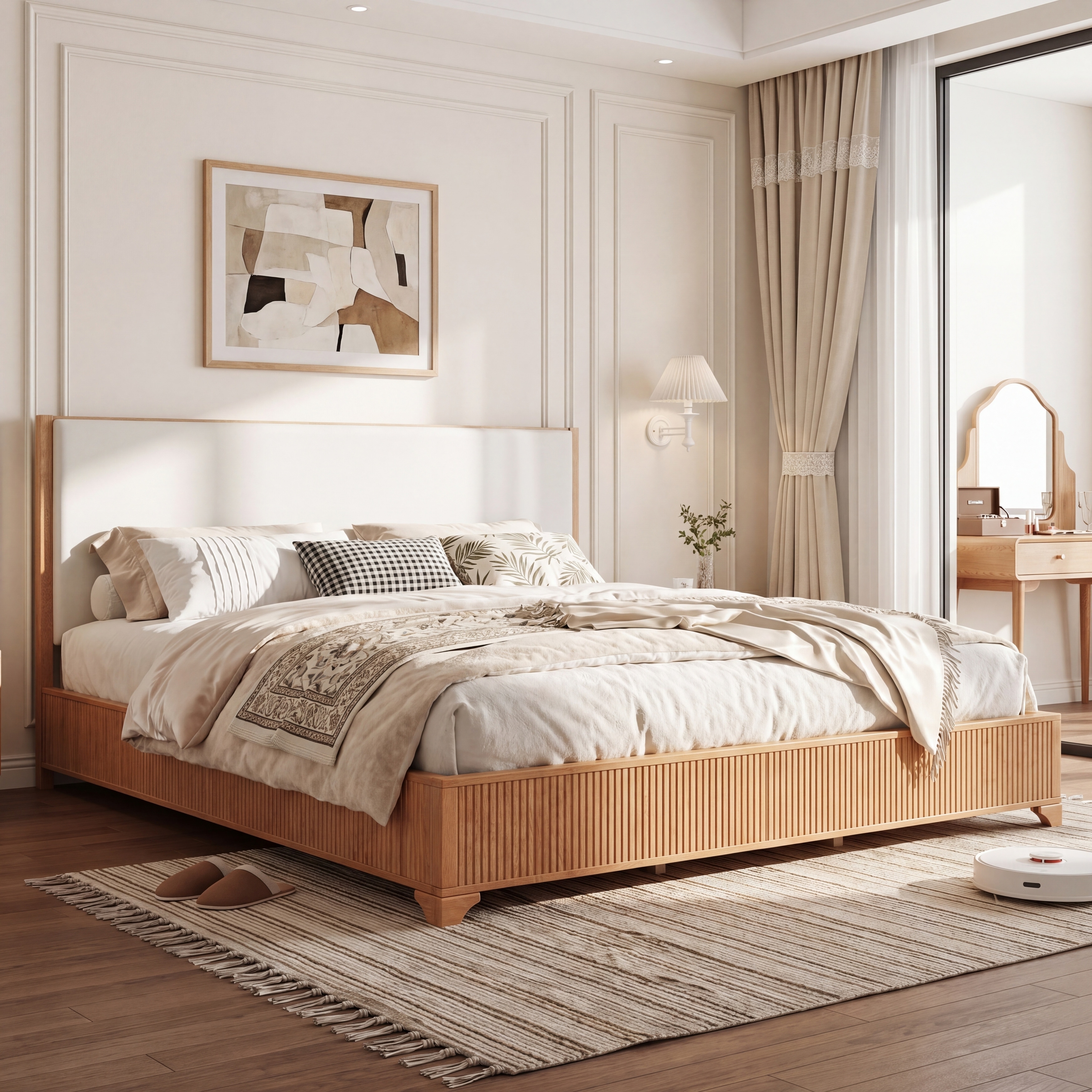 Christopher Knight Home - Seabrook Upholstered Bed Frame Solid Pine Wood with Natural Wood Trim, Padded Headboard