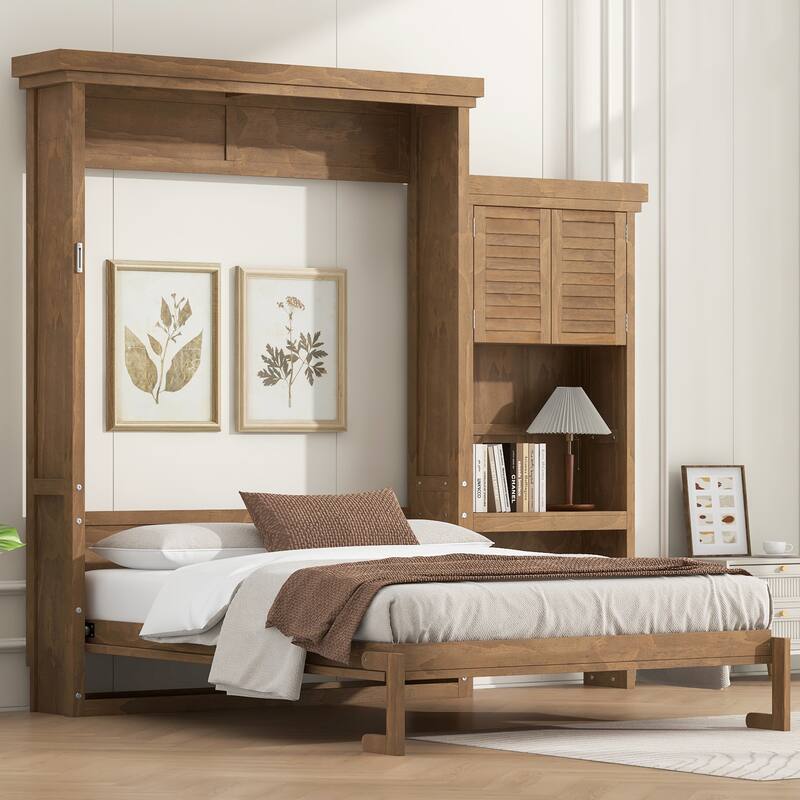 Queen Size Murphy Bed Convertible Louvered Style Cube Cabinet Foldable Platform Bed with Side Storage Bookcase Cabinet Shelves