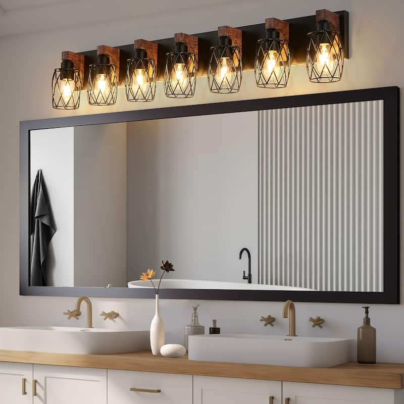7-Light Industrial Wall Sconce - Black Cage - Wood - Bathroom Hallway(Bulb Not Included)