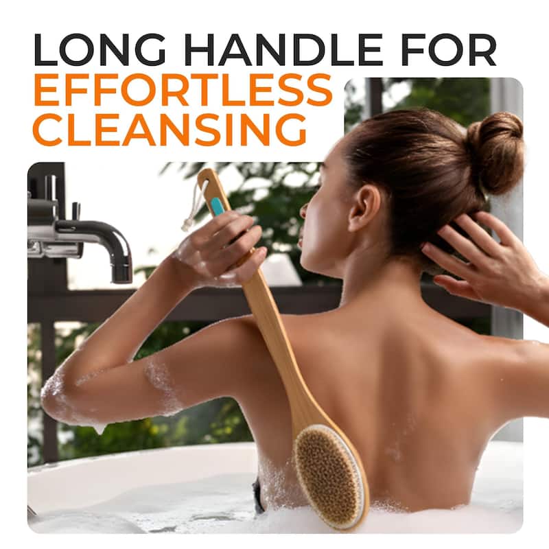 Cheer Collection Dual Sided Shower Brush Long Handle Lotus Wood 17.1 Inch Body Brush with Soft and Firm Bristles
